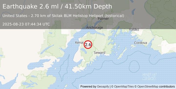 Earthquake 15 km ESE of Funny River, Alaska (2.6 ml) (2025-08-23 07:44:34 UTC)