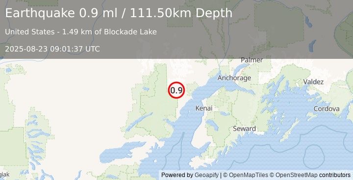 Earthquake 71 km WNW of Nikiski, Alaska (0.9 ml) (2025-08-23 09:01:37 UTC)