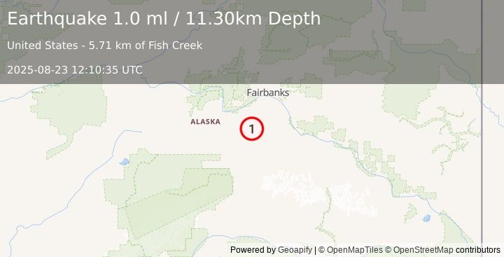 Earthquake 46 km E of Anderson, Alaska (1.0 ml) (2025-08-23 12:10:35 UTC)