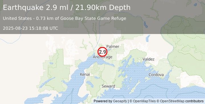 Earthquake 5 km NE of Point MacKenzie, Alaska (2.9 ml) (2025-08-23 15:18:08 UTC)
