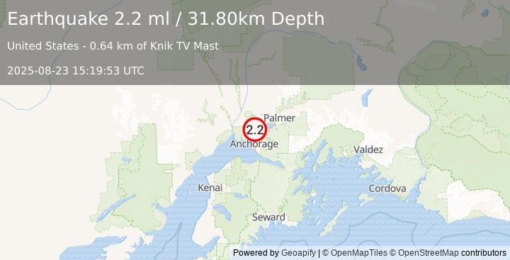 Earthquake 8 km WSW of Knik, Alaska (2.2 ml) (2025-08-23 15:19:53 UTC)