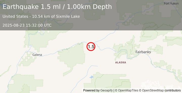 Earthquake 17 km SSW of Tanana, Alaska (1.5 ml) (2025-08-23 15:32:00 UTC)