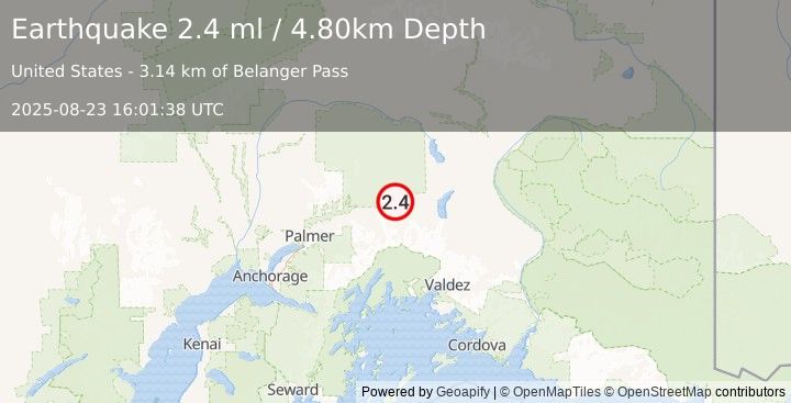 Earthquake 11 km W of Eureka Roadhouse, Alaska (2.4 ml) (2025-08-23 16:01:38 UTC)