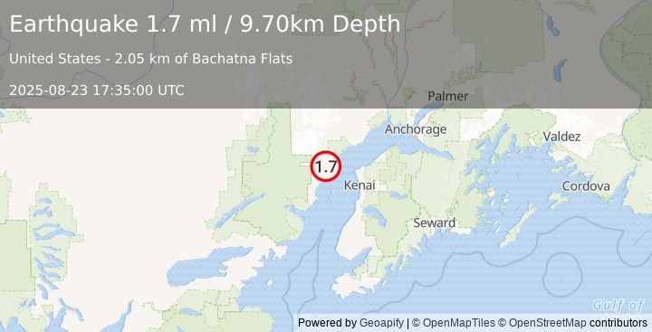 Earthquake 43 km WNW of Nikiski, Alaska (1.7 ml) (2025-08-23 17:35:00 UTC)