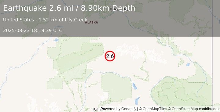 Earthquake 30 km E of Cantwell, Alaska (2.6 ml) (2025-08-23 18:19:39 UTC)
