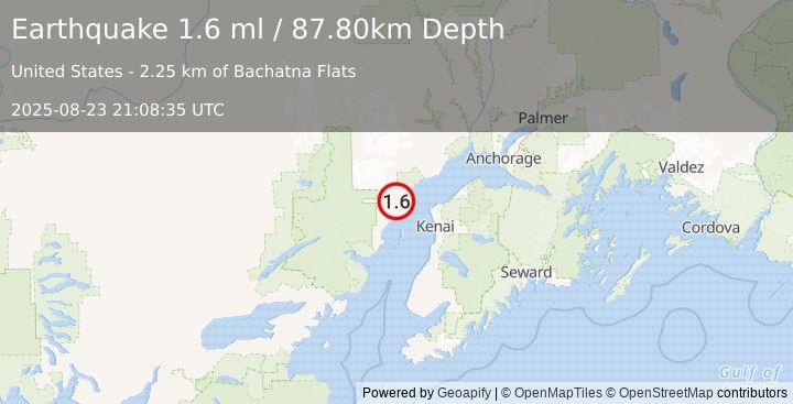 Earthquake 41 km WNW of Nikiski, Alaska (1.6 ml) (2025-08-23 21:08:35 UTC)