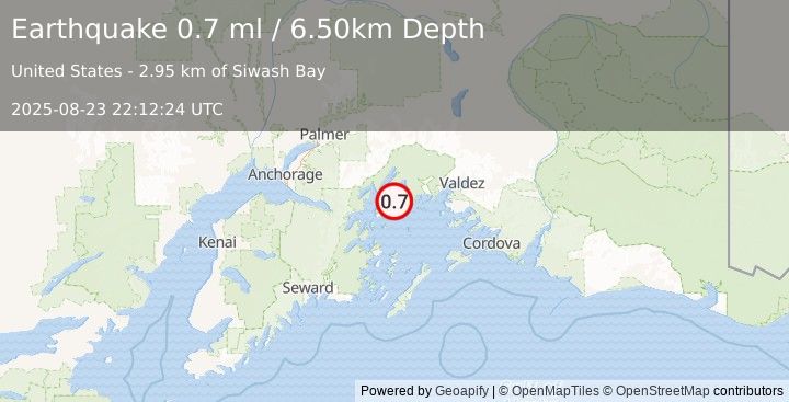 Earthquake 56 km W of Tatitlek, Alaska (0.7 ml) (2025-08-23 22:12:24 UTC)