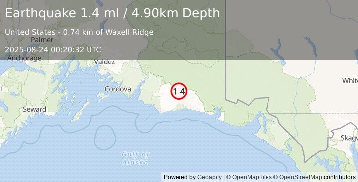 Earthquake 104 km S of McCarthy, Alaska (1.4 ml) (2025-08-24 00:20:32 UTC)