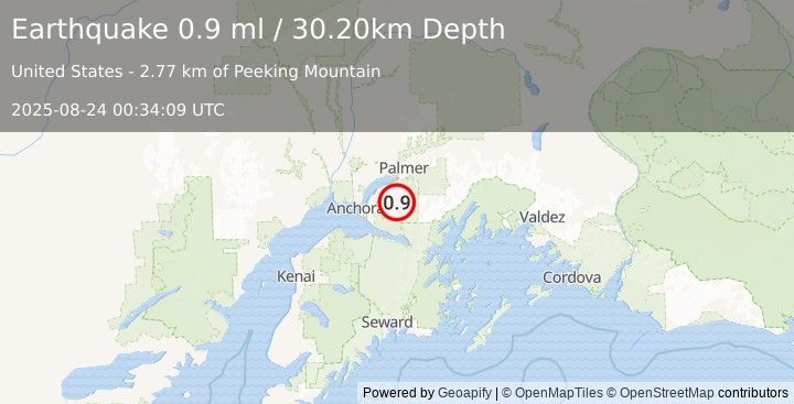 Earthquake 18 km ESE of Eagle River, Alaska (0.9 ml) (2025-08-24 00:34:09 UTC)