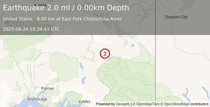 Earthquake 29 km NNW of Chistochina, Alaska (2.0 ml) (2025-08-24 03:34:43 UTC)