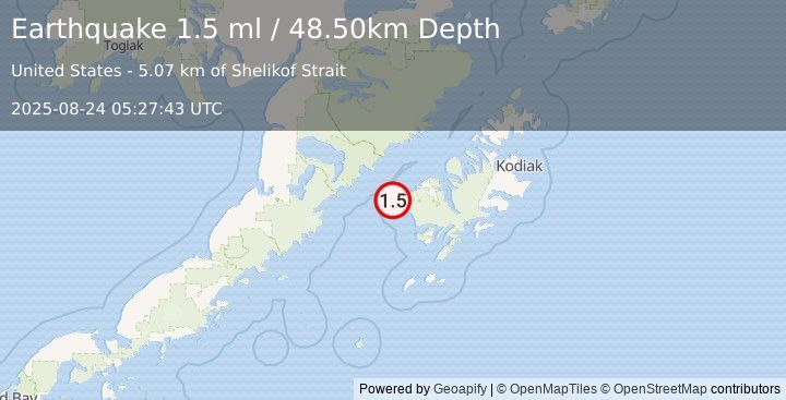 Earthquake 33 km WSW of Karluk, Alaska (1.5 ml) (2025-08-24 05:27:43 UTC)