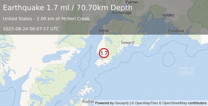 Earthquake 5 km SE of Fritz Creek, Alaska (1.7 ml) (2025-08-24 06:07:17 UTC)