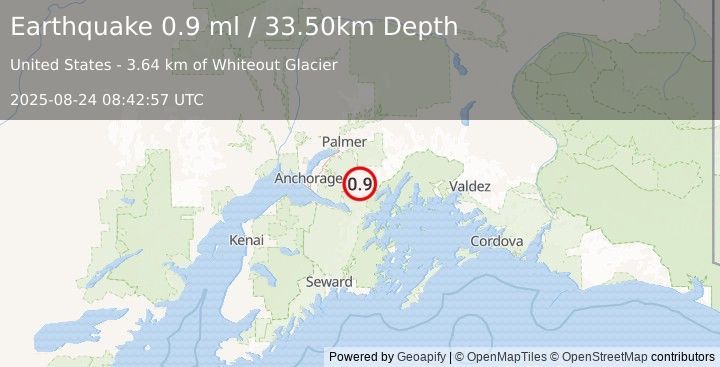Earthquake 32 km NE of Girdwood, Alaska (0.9 ml) (2025-08-24 08:42:57 UTC)