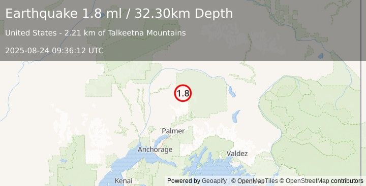 Earthquake 64 km ENE of Susitna North, Alaska (1.8 ml) (2025-08-24 09:36:12 UTC)