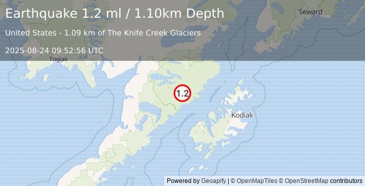 Earthquake 86 km NNW of Karluk, Alaska (1.2 ml) (2025-08-24 09:52:56 UTC)