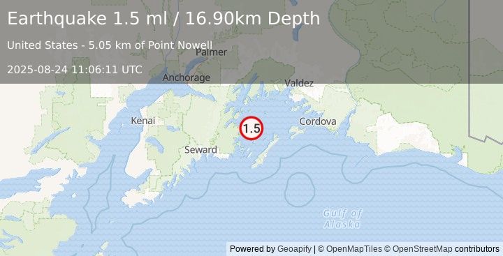 Earthquake 42 km NNE of Chenega, Alaska (1.5 ml) (2025-08-24 11:06:11 UTC)