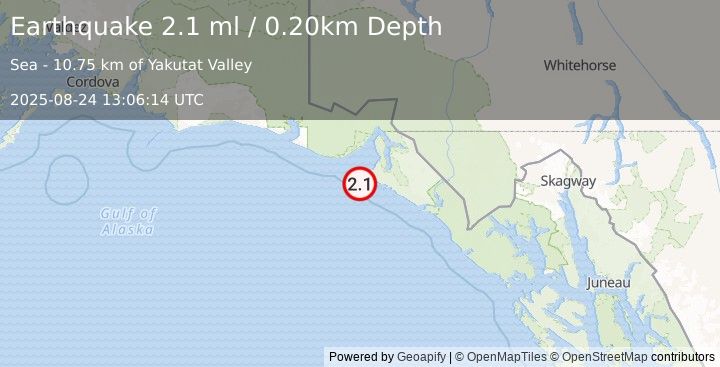 Earthquake 16 km SSW of Yakutat, Alaska (2.1 ml) (2025-08-24 13:06:14 UTC)