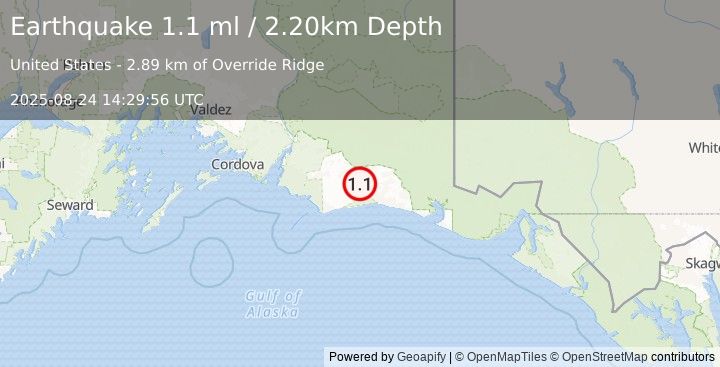 Earthquake 123 km S of McCarthy, Alaska (1.1 ml) (2025-08-24 14:29:56 UTC)