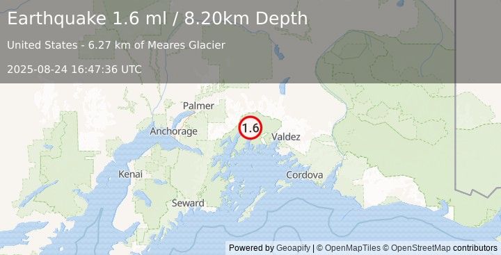 Earthquake 61 km S of Glacier View, Alaska (1.6 ml) (2025-08-24 16:47:36 UTC)