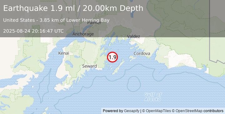 Earthquake 40 km NNE of Chenega, Alaska (1.9 ml) (2025-08-24 20:16:47 UTC)