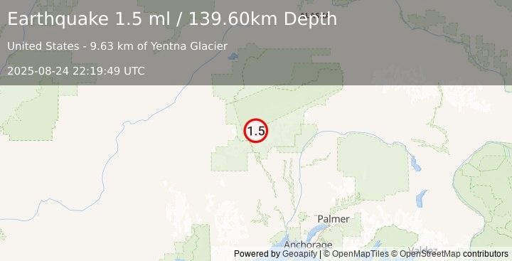 Earthquake 56 km NW of Petersville, Alaska (1.5 ml) (2025-08-24 22:19:49 UTC)