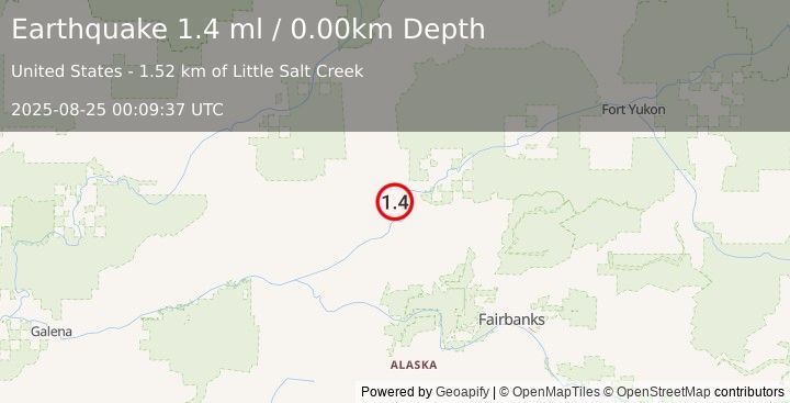 Earthquake 35 km N of Rampart, Alaska (1.4 ml) (2025-08-25 00:09:37 UTC)