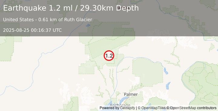 Earthquake 46 km N of Petersville, Alaska (1.2 ml) (2025-08-25 00:16:37 UTC)