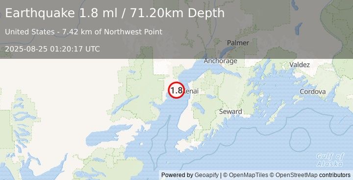 Earthquake 30 km W of Salamatof, Alaska (1.8 ml) (2025-08-25 01:20:17 UTC)