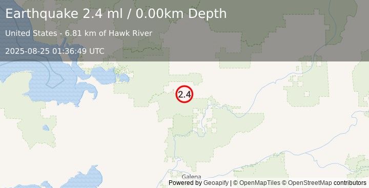 Earthquake 67 km NW of Huslia, Alaska (2.4 ml) (2025-08-25 01:36:49 UTC)