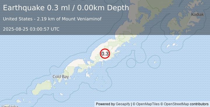 Earthquake 31 km NNE of Ivanof Bay, Alaska (0.3 ml) (2025-08-25 03:00:57 UTC)