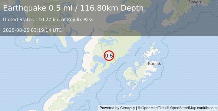 Earthquake 86 km SE of King Salmon, Alaska (0.5 ml) (2025-08-25 03:19:14 UTC)