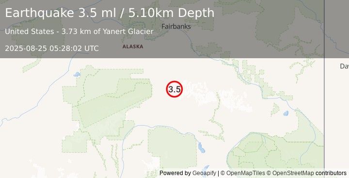 Earthquake 57 km ESE of Denali Park, Alaska (3.5 ml) (2025-08-25 05:28:02 UTC)
