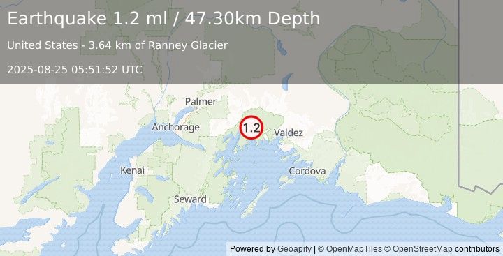 Earthquake 58 km NW of Tatitlek, Alaska (1.2 ml) (2025-08-25 05:51:52 UTC)