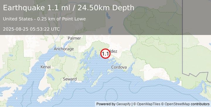 Earthquake 20 km NNW of Tatitlek, Alaska (1.1 ml) (2025-08-25 05:53:22 UTC)