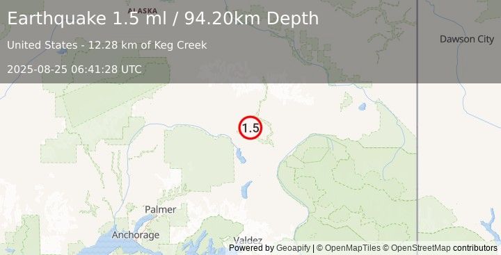 Earthquake 45 km SW of Paxson, Alaska (1.5 ml) (2025-08-25 06:41:28 UTC)