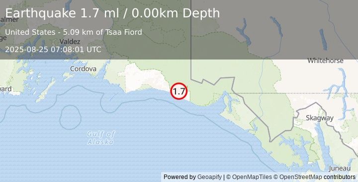 Earthquake 115 km WNW of Yakutat, Alaska (1.7 ml) (2025-08-25 07:08:01 UTC)