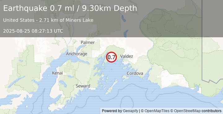 Earthquake 48 km WNW of Tatitlek, Alaska (0.7 ml) (2025-08-25 08:27:13 UTC)