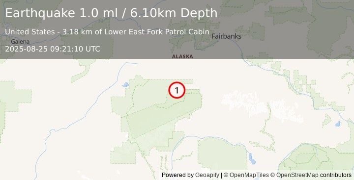 Earthquake 47 km WSW of Ferry, Alaska (1.0 ml) (2025-08-25 09:21:10 UTC)