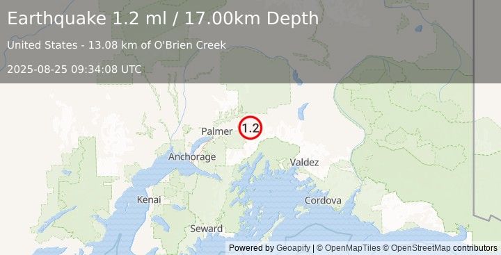 Earthquake 27 km SE of Chickaloon, Alaska (1.2 ml) (2025-08-25 09:34:08 UTC)