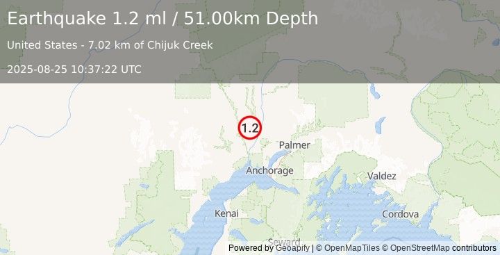 Earthquake 28 km WNW of Willow, Alaska (1.2 ml) (2025-08-25 10:37:22 UTC)