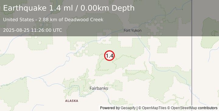 Earthquake 62 km SSE of Beaver, Alaska (1.4 ml) (2025-08-25 11:26:00 UTC)