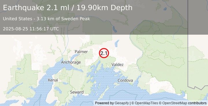 Earthquake 32 km SSE of Glacier View, Alaska (2.1 ml) (2025-08-25 11:56:17 UTC)