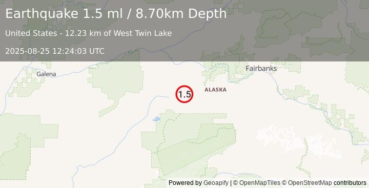 Earthquake 73 km SSW of Manley Hot Springs, Alaska (1.5 ml) (2025-08-25 12:24:03 UTC)