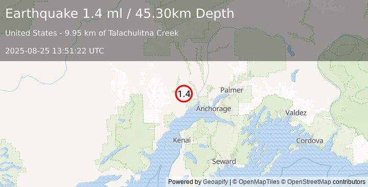 Earthquake 34 km W of Susitna, Alaska (1.4 ml) (2025-08-25 13:51:22 UTC)