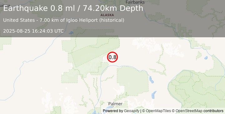 Earthquake 34 km SSW of Cantwell, Alaska (0.8 ml) (2025-08-25 16:24:03 UTC)