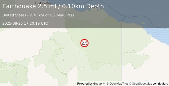 Earthquake 100 km NNE of Arctic Village, Alaska (2.5 ml) (2025-08-25 17:20:19 UTC)