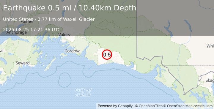 Earthquake 115 km S of McCarthy, Alaska (0.5 ml) (2025-08-25 17:21:36 UTC)