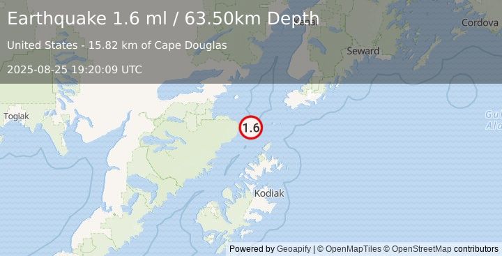 Earthquake 81 km SW of Nanwalek, Alaska (1.6 ml) (2025-08-25 19:20:09 UTC)