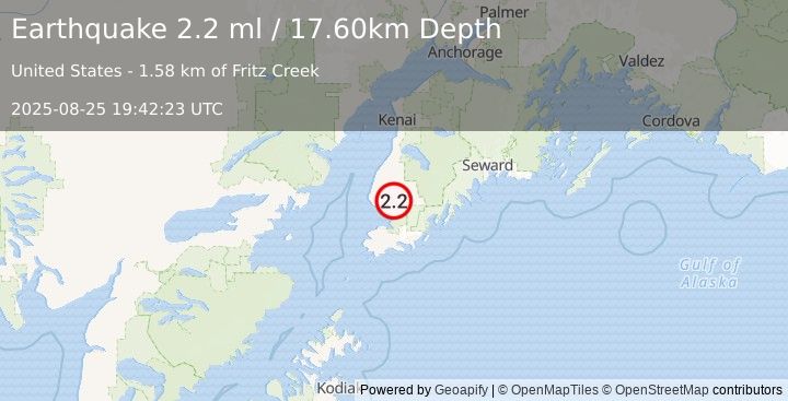 Earthquake 1 km WNW of Fritz Creek, Alaska (2.2 ml) (2025-08-25 19:42:23 UTC)