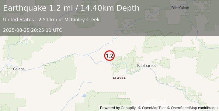Earthquake 19 km NE of Manley Hot Springs, Alaska (1.2 ml) (2025-08-25 20:25:11 UTC)